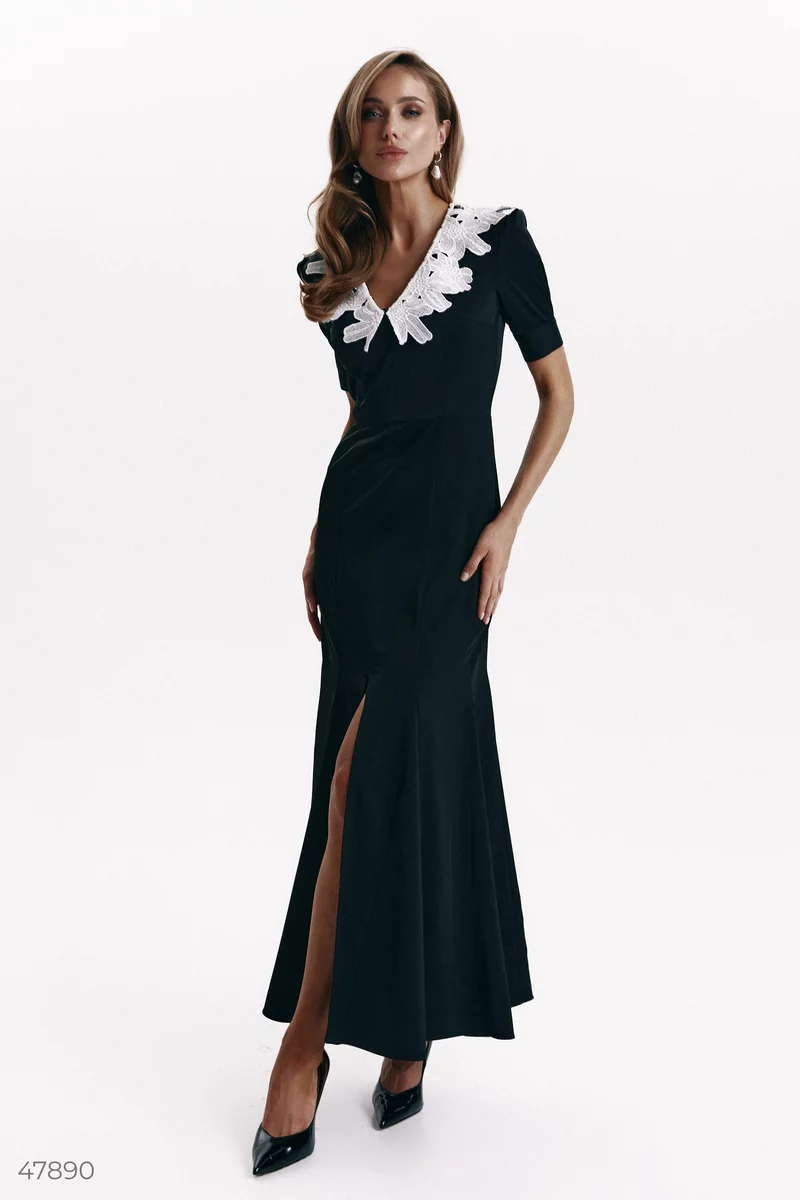 Black satin maxi dress with slit photo 2