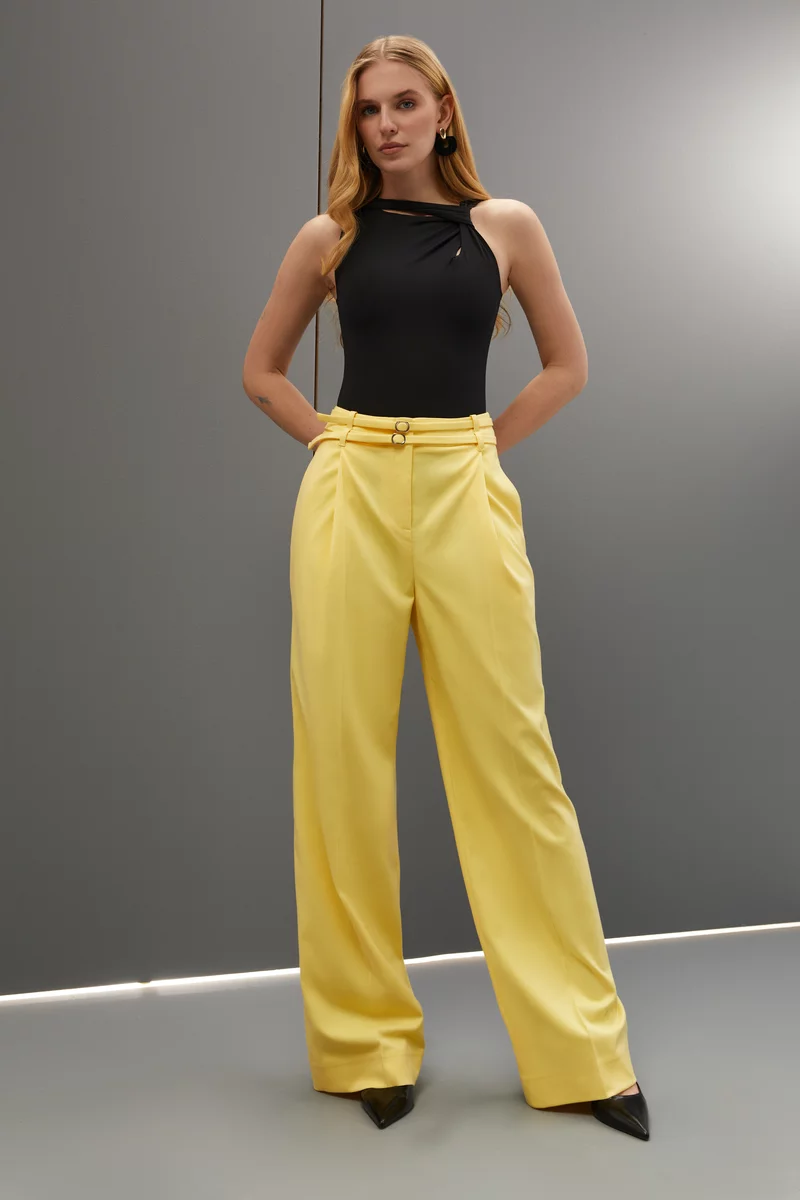 Yellow palazzo pants with double belt photo 3