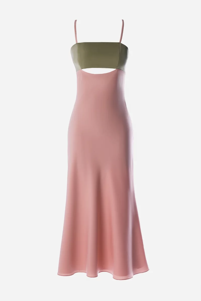 Pink satin maxi dress with accent bodice photo 1