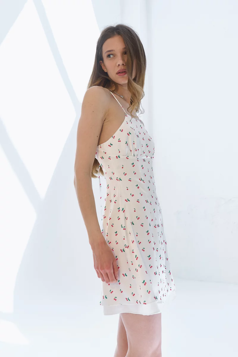 White silk mini dress with cherry print photo 4