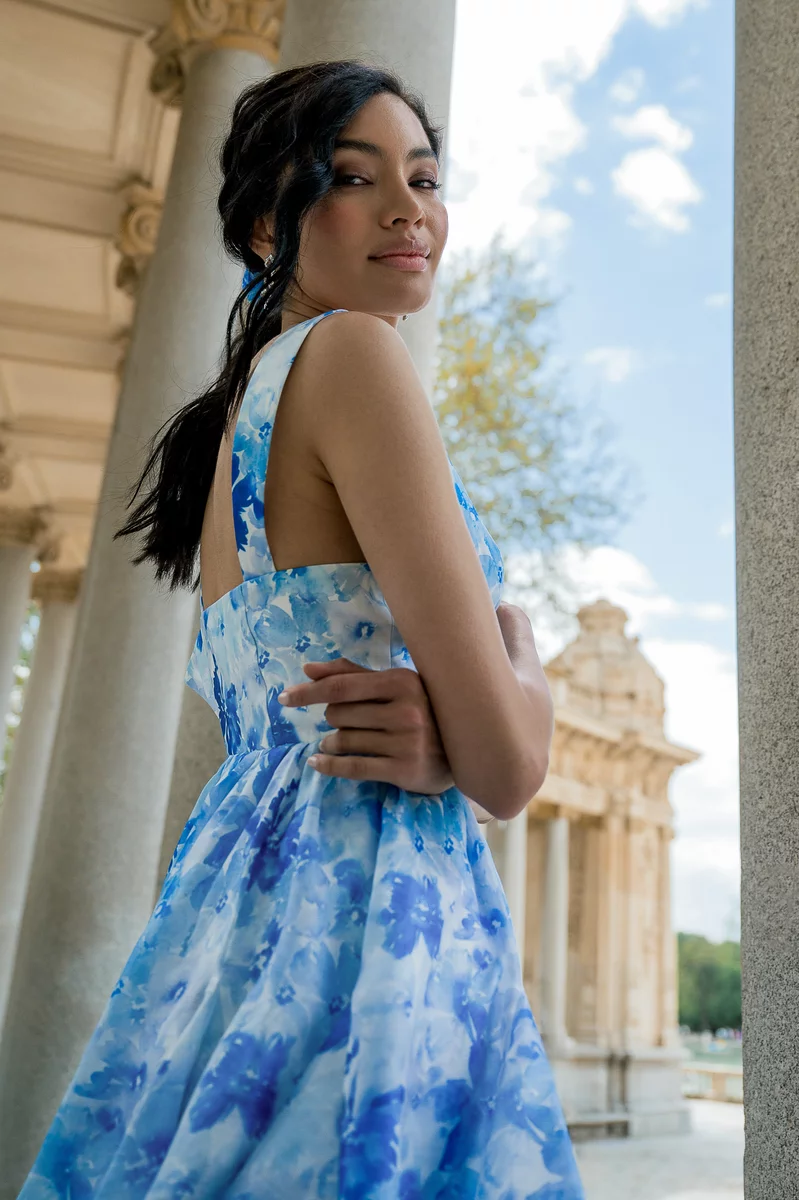 Blue printed organza mini dress photo 3