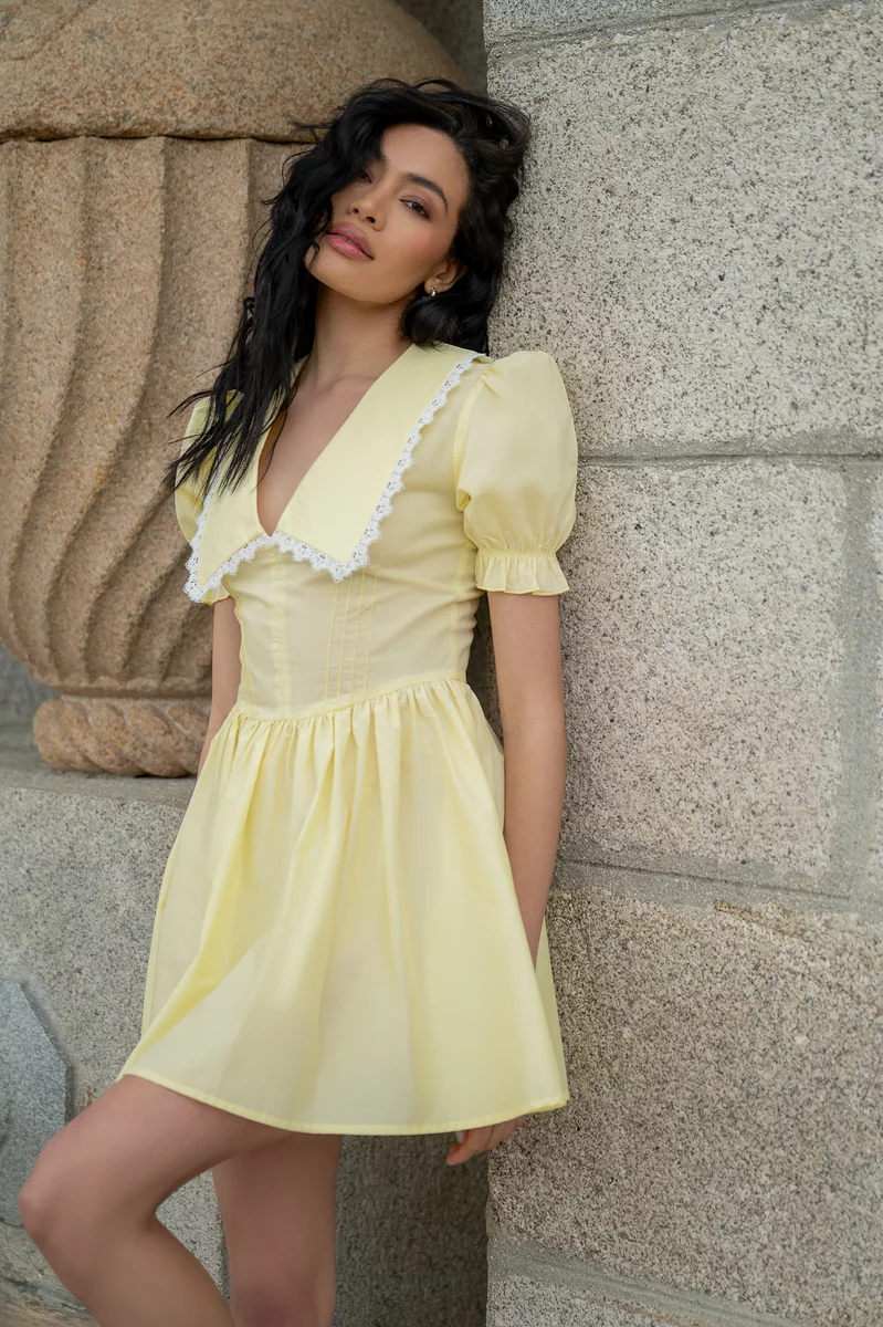 Yellow cotton mini dress with collar photo 1