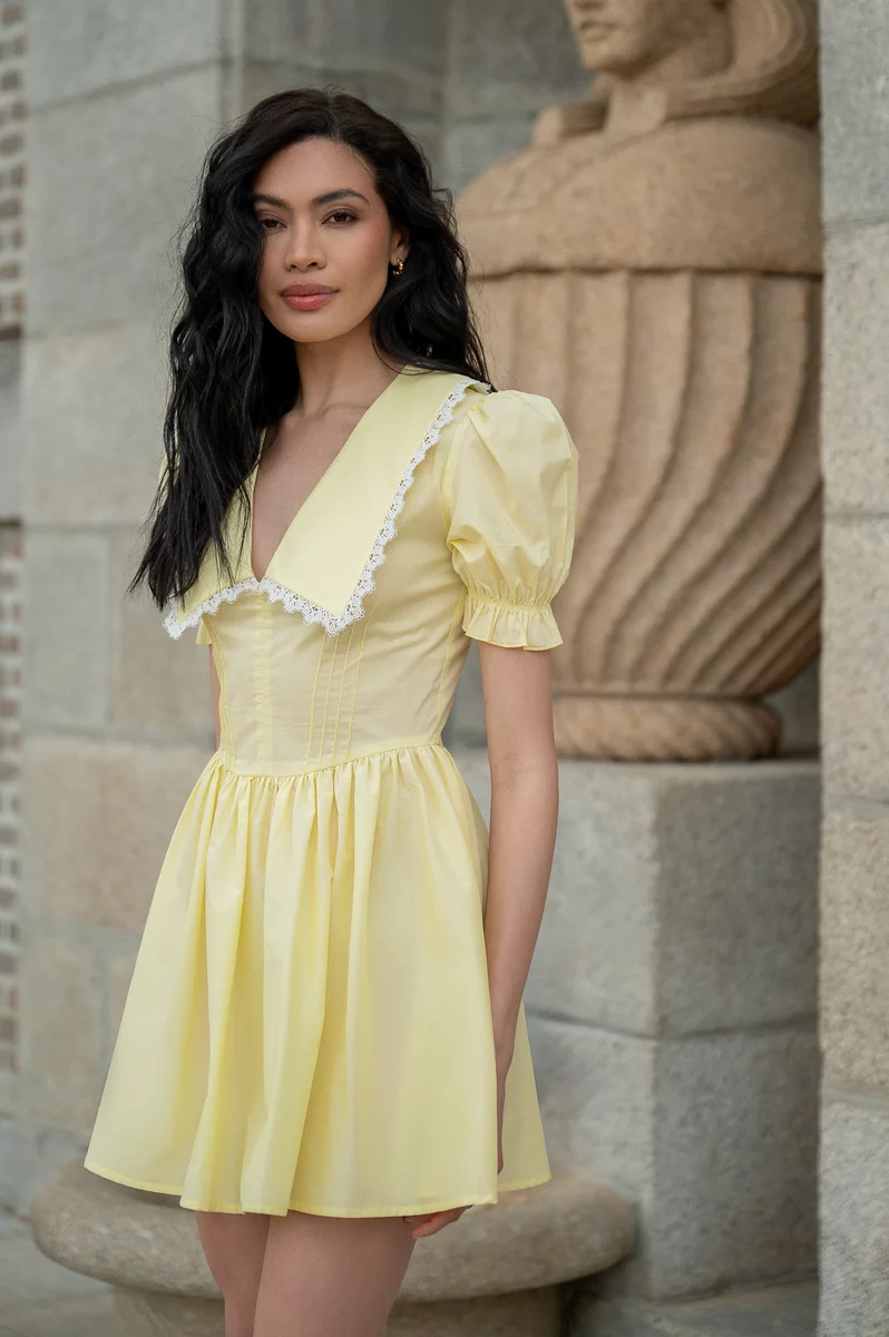 Yellow cotton mini dress with collar photo 2
