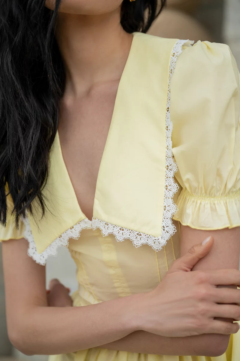 Yellow cotton mini dress with collar photo 3