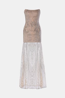 Бежева сукня максі з мерехтливими блискітками