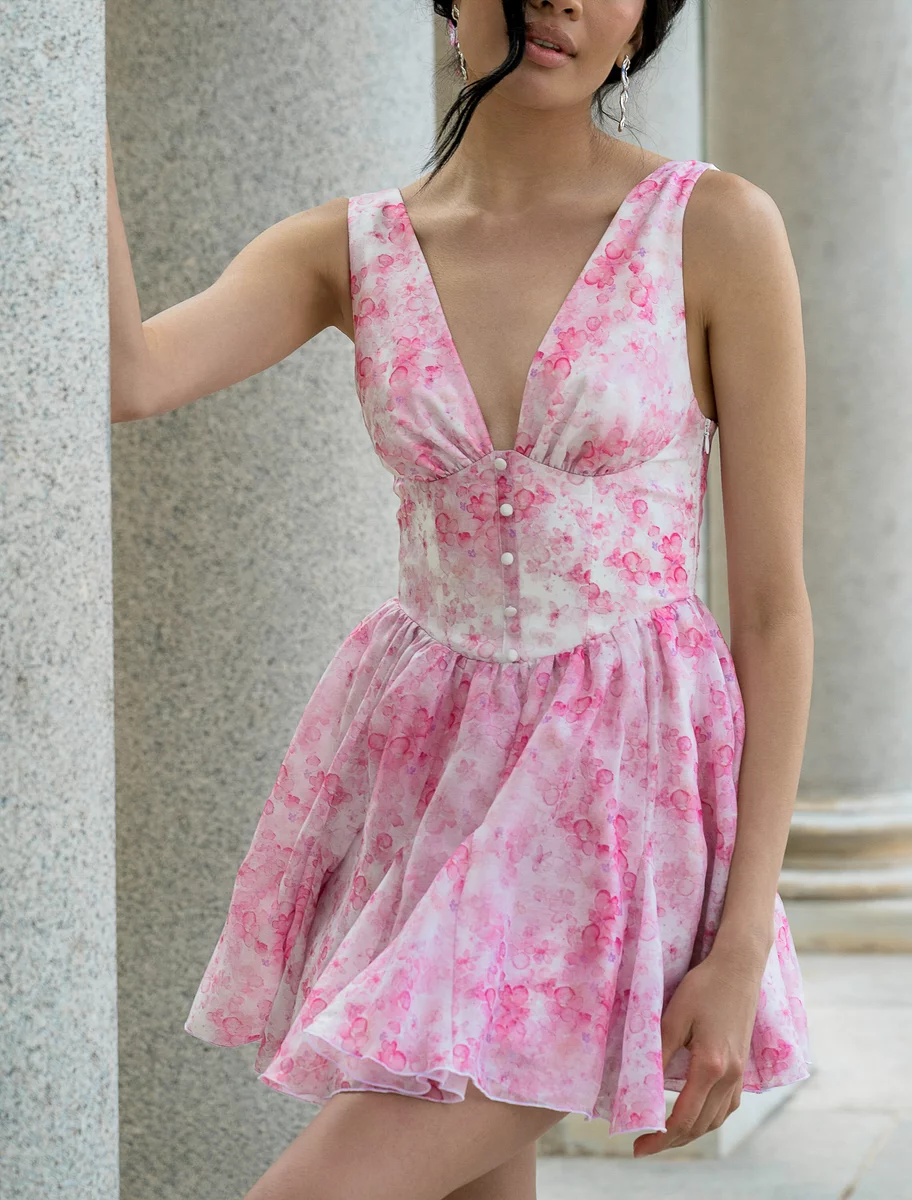 Pink printed organza mini dress photo 2