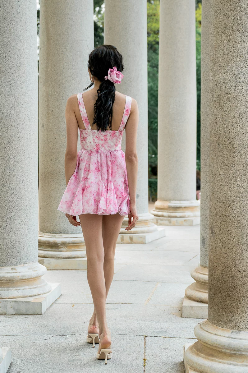 Pink printed organza mini dress photo 4
