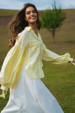 Delicate yellow embroidered shirt "Branch" made of natural linen