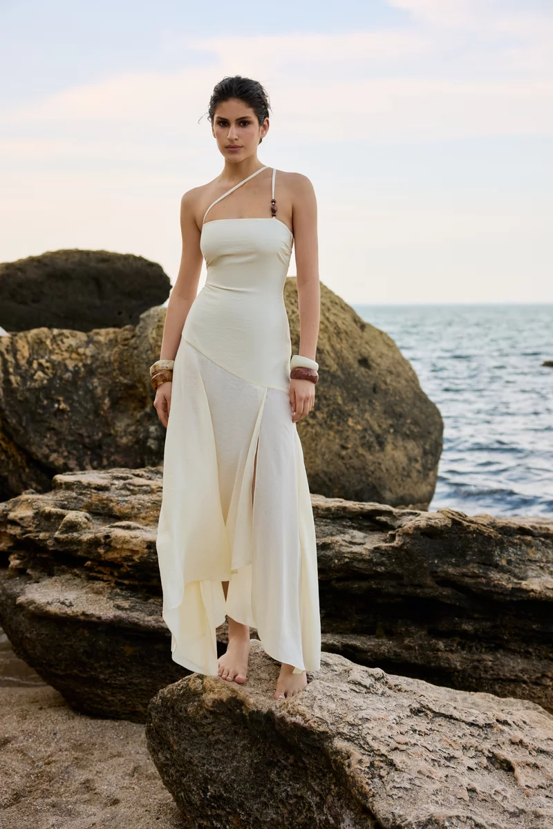 Asymmetrical maxi dress in ivory photo 1