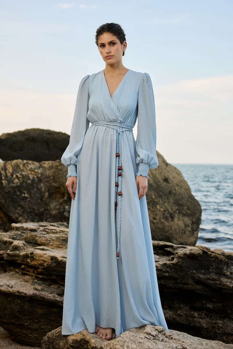 Blue organza maxi dress with slit photo 1