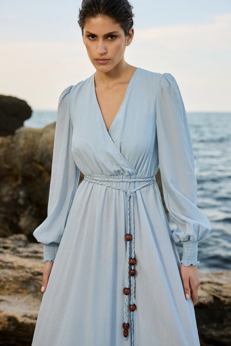 Blue organza maxi dress with slit photo 2