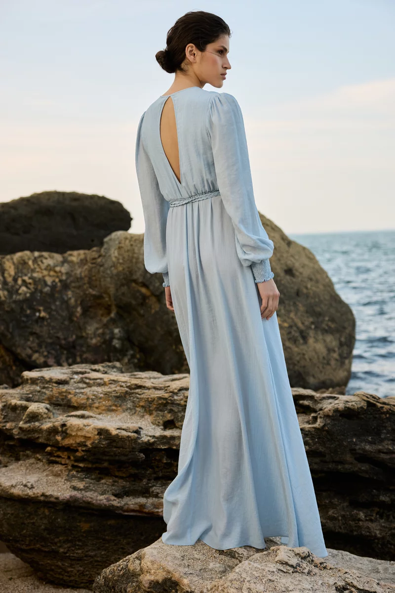 Blue organza maxi dress with slit photo 3