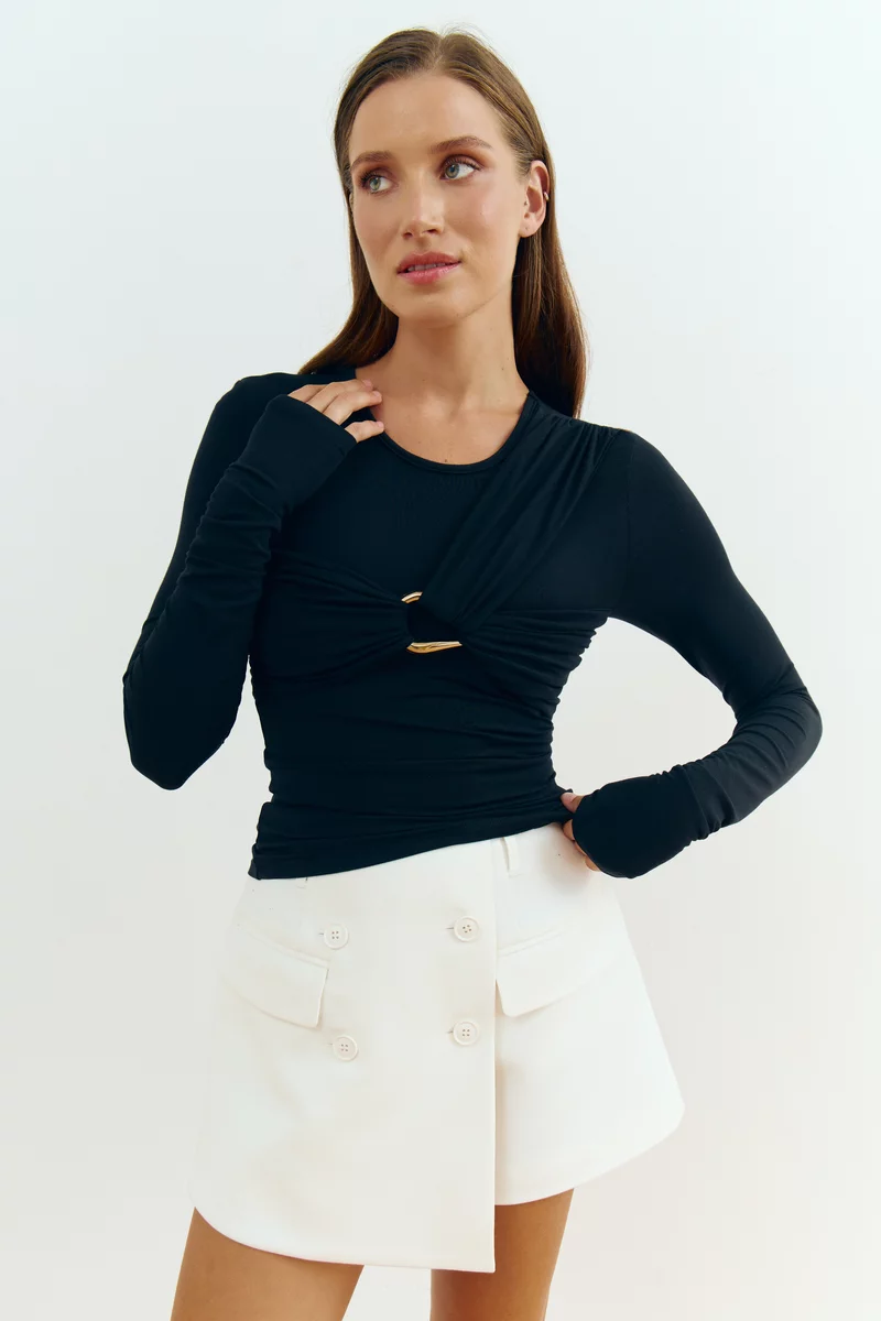 Black knit long sleeve with accent drapery photo 1