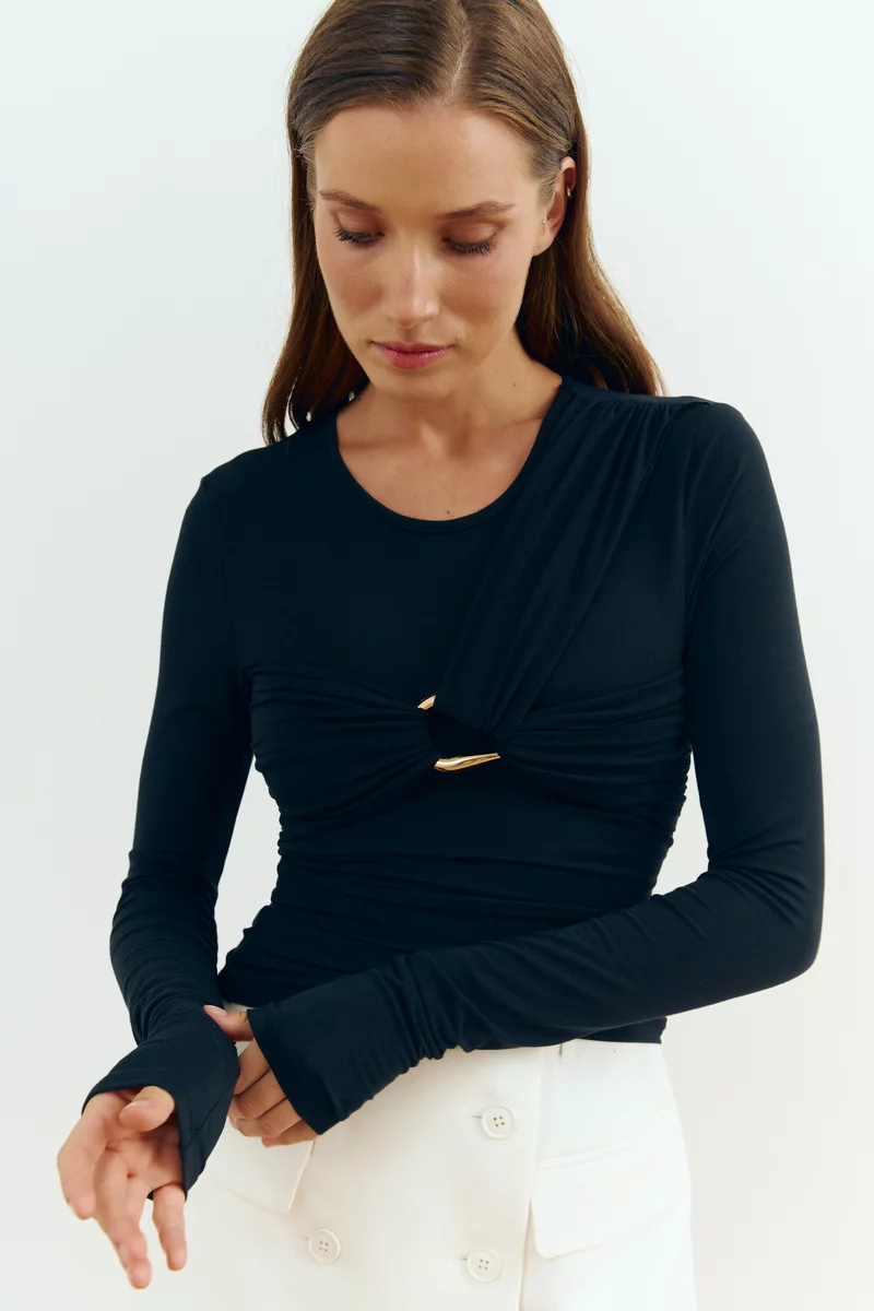 Black knit long sleeve with accent drapery photo 2
