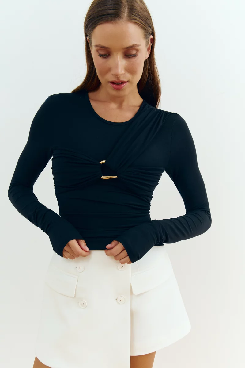 Black knit long sleeve with accent drapery photo 3