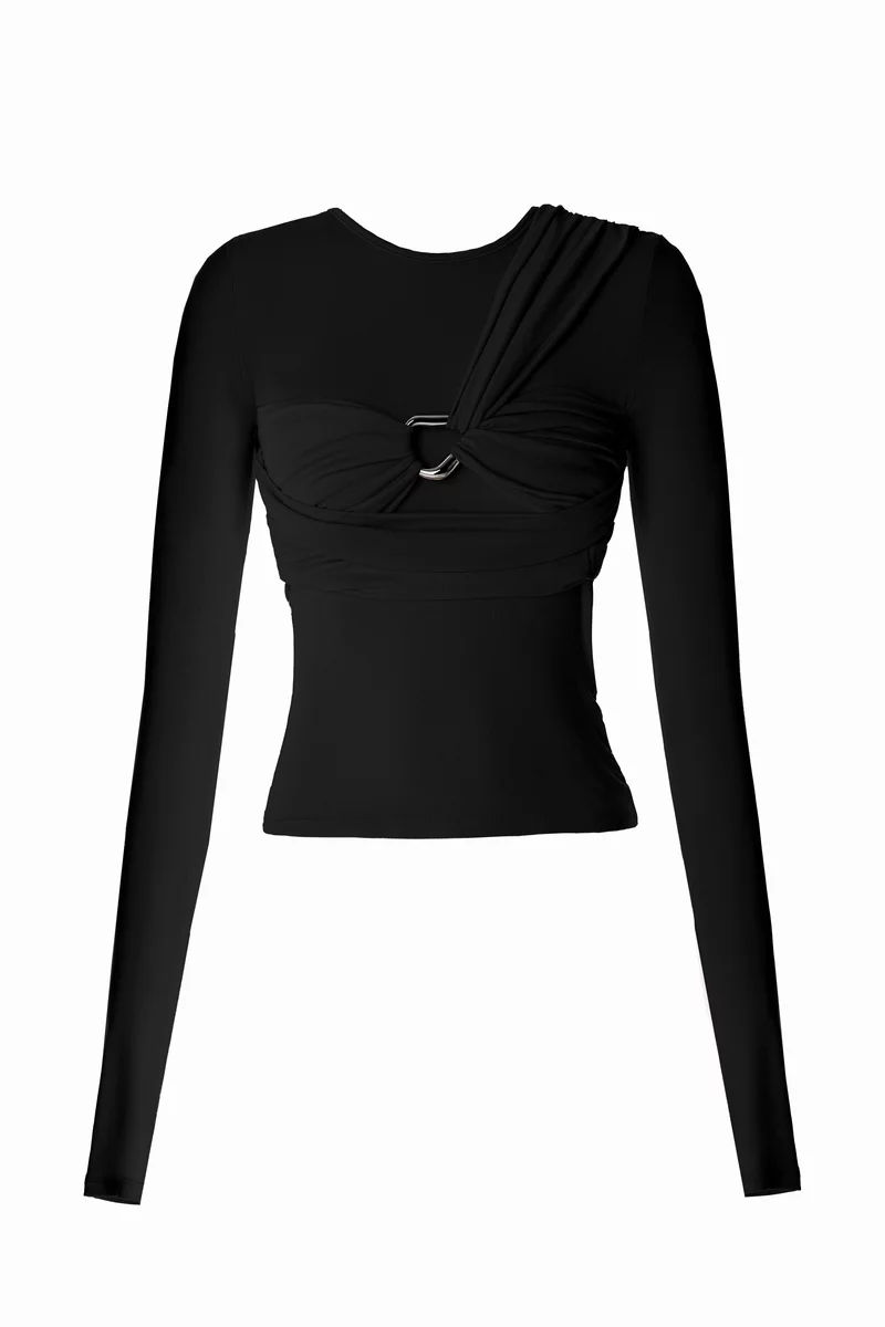 Black knit long sleeve with accent drapery photo 5