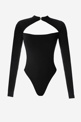 Black knit bodysuit with accent neckline