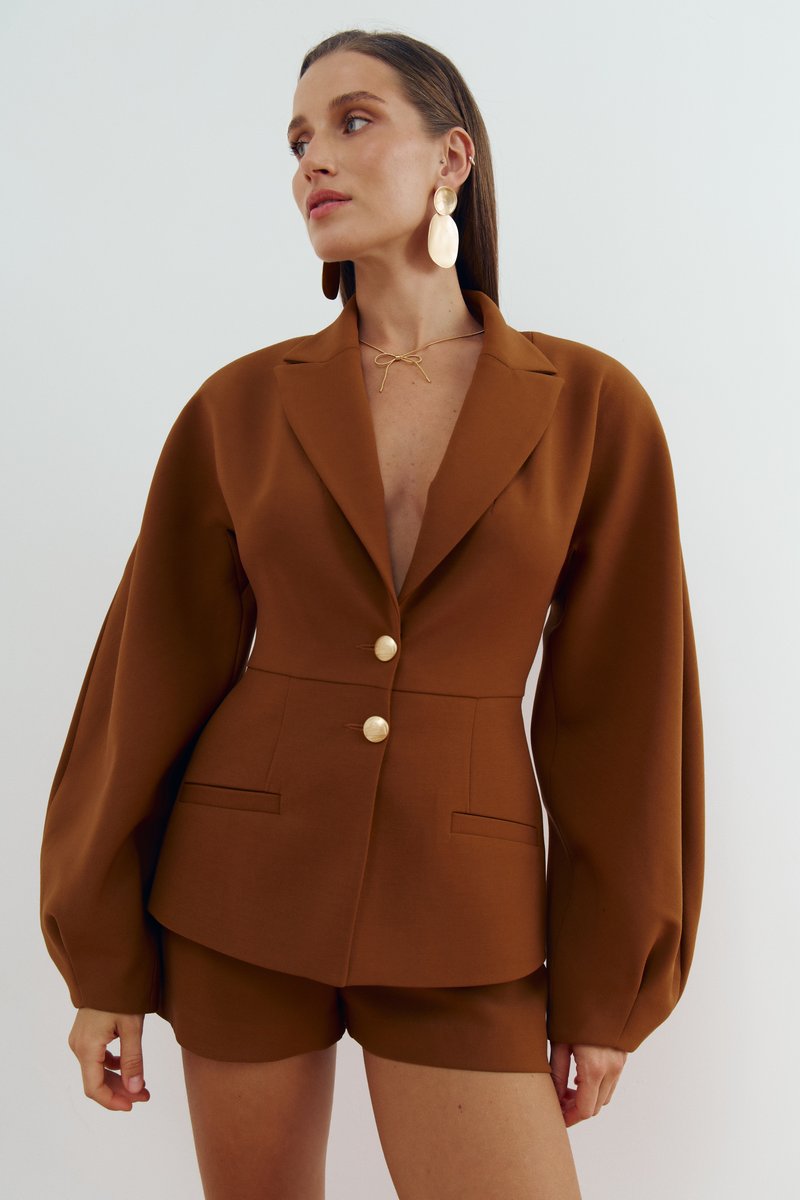 

Коричневий жакет з акцентними рукавами