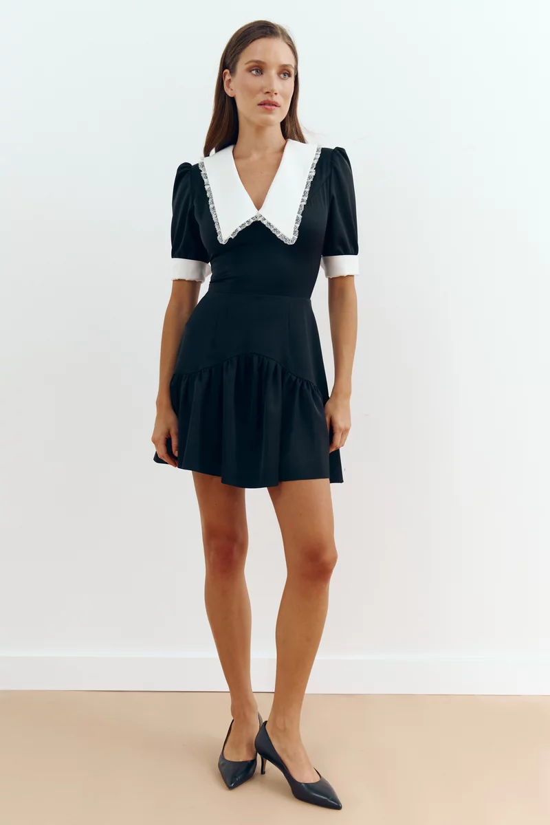 Satin mini dress with contrast collar and cuffs photo 1