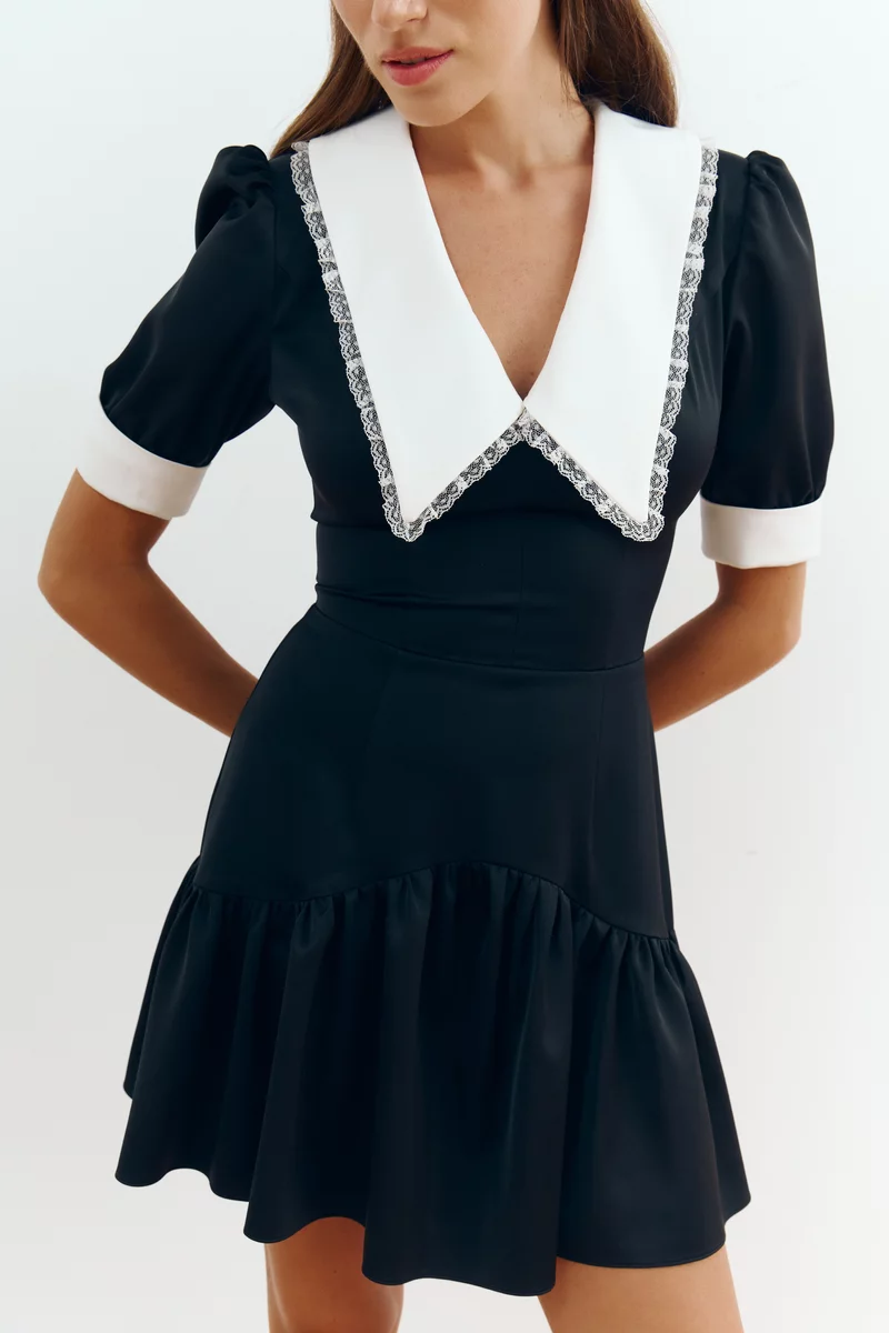 Satin mini dress with contrast collar and cuffs photo 2
