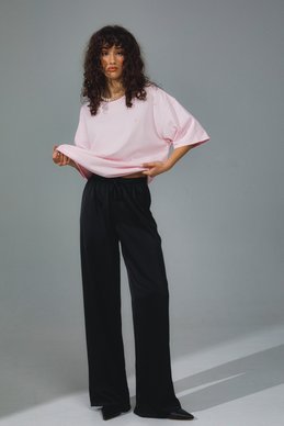 Black satin straight-leg pants