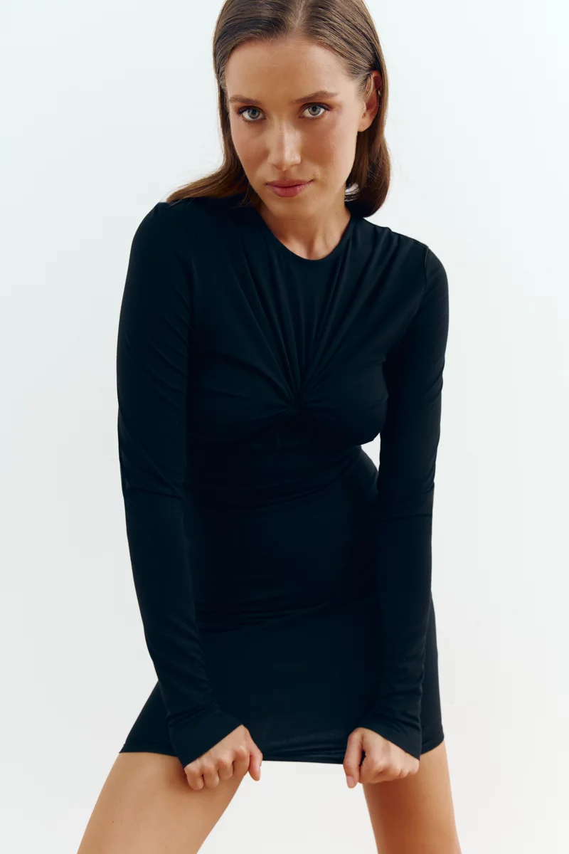 Black knitted mini dress with drapery photo 1
