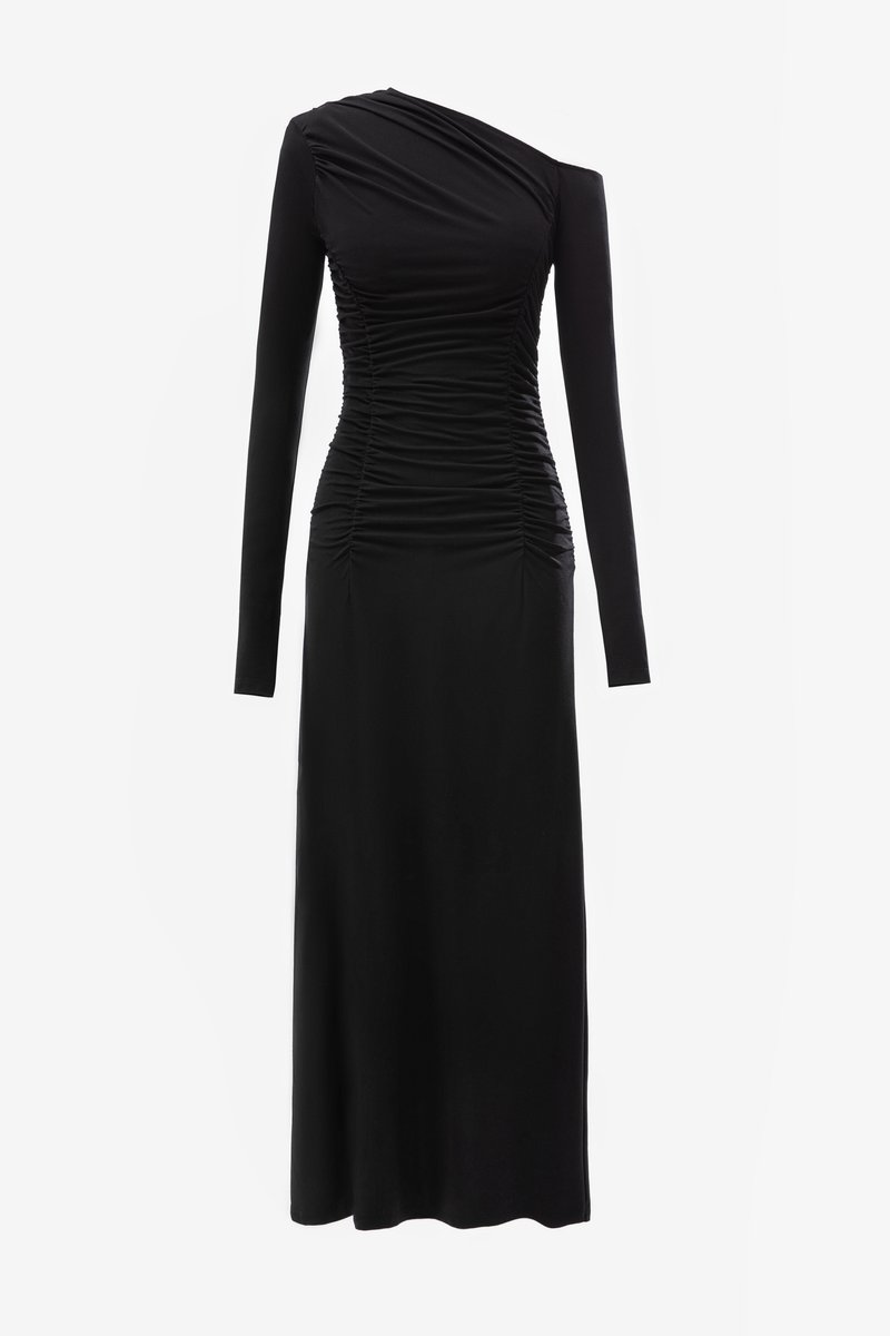 

Чорна трикотажна сукня максі з асиметричним вирізом