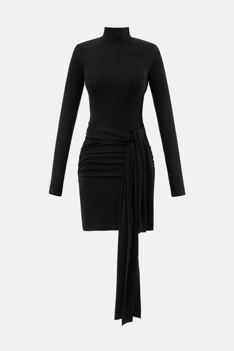 Black knitted mini dress with belt image 1