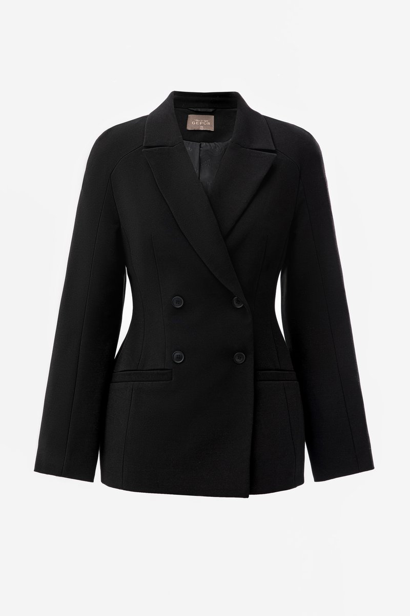 

Чорний двобортний жакет із костюмної тканини