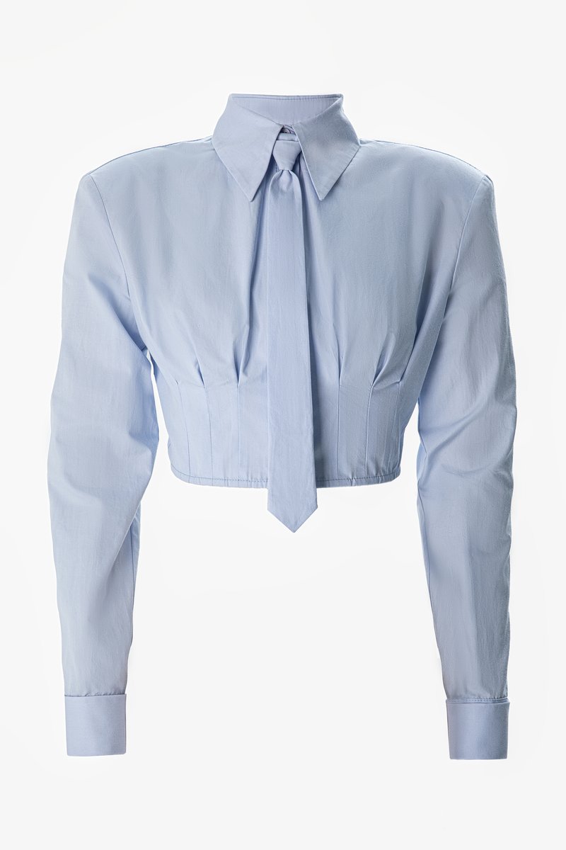 

Блакитна бавовняна кроп-сорочка з краваткою