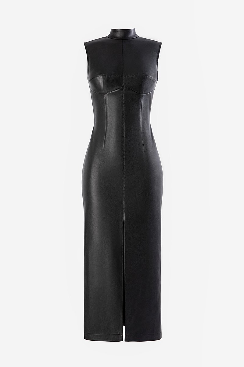 Черное кожаное платье макси с акцентным лифом фотография 1