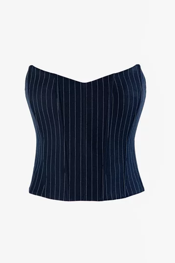 Синий корсет из костюмной ткани с принтом в полоску фотография 1