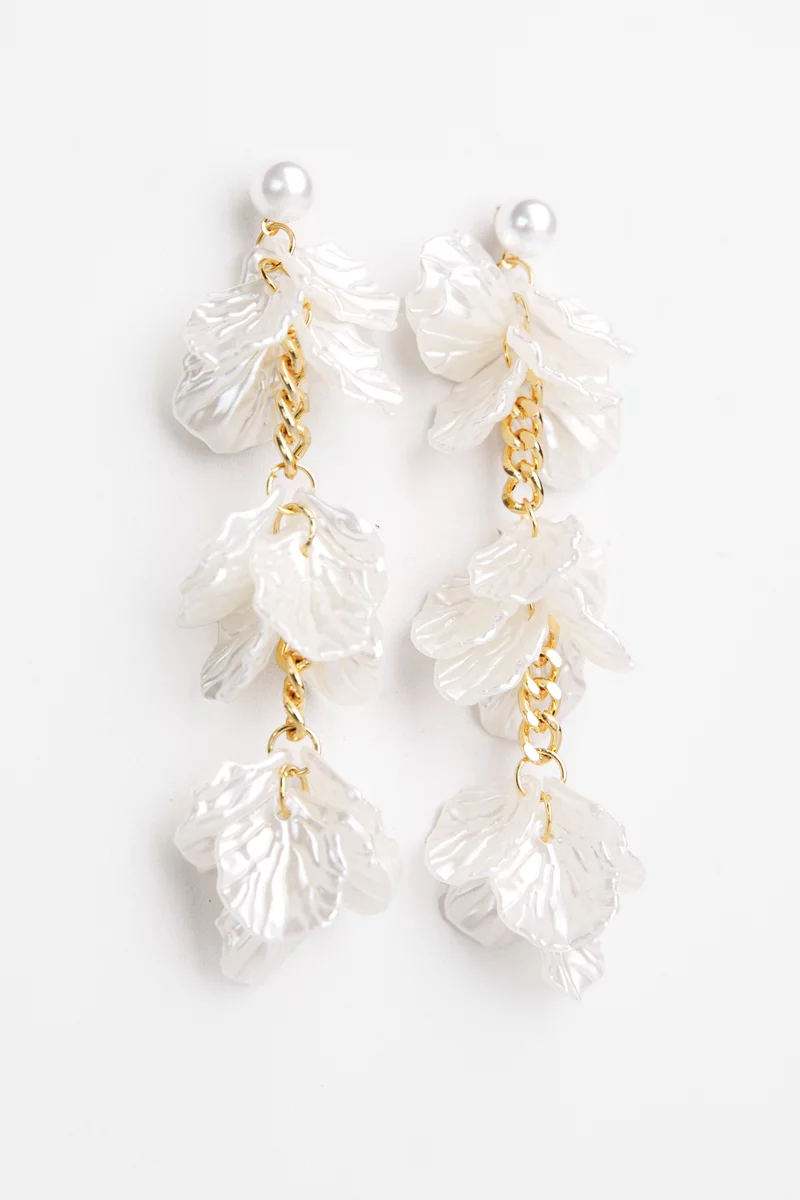 White long earrings with pearl petals photo 2