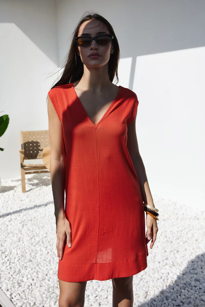 Orange linen mini sundress with V-neck photo 5
