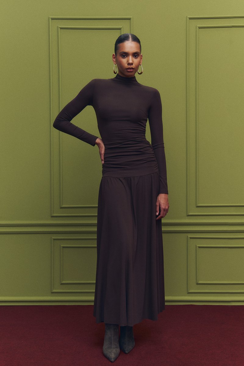 Brown maxi dress with flared skirt image 1