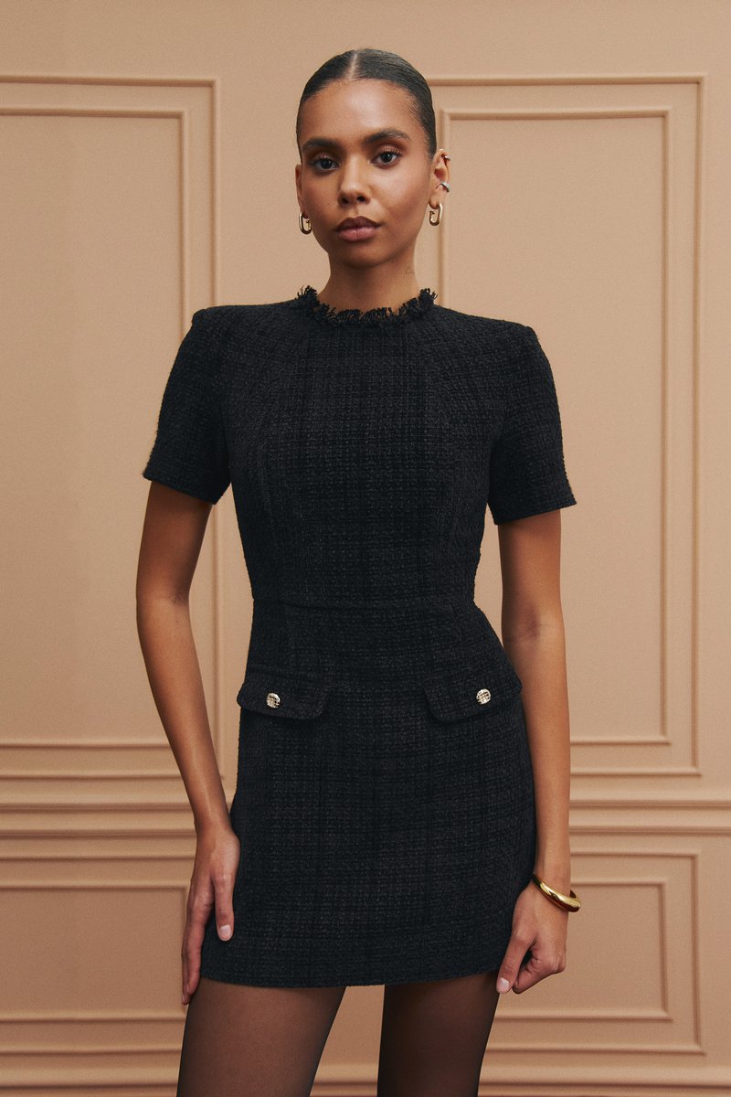 Black tweed mini dress with added wool image 2