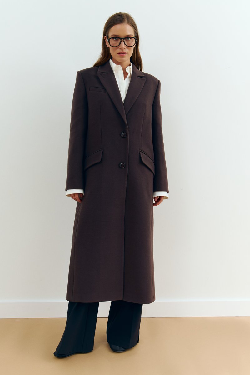 

Шерстяне пальто прямого крою у шоколадному відтінку