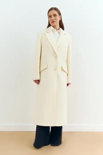 Молочне шерстяне пальто прямого крою фотографія 1