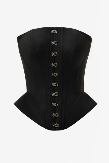 Черный сатиновый корсет с баской фотография 1