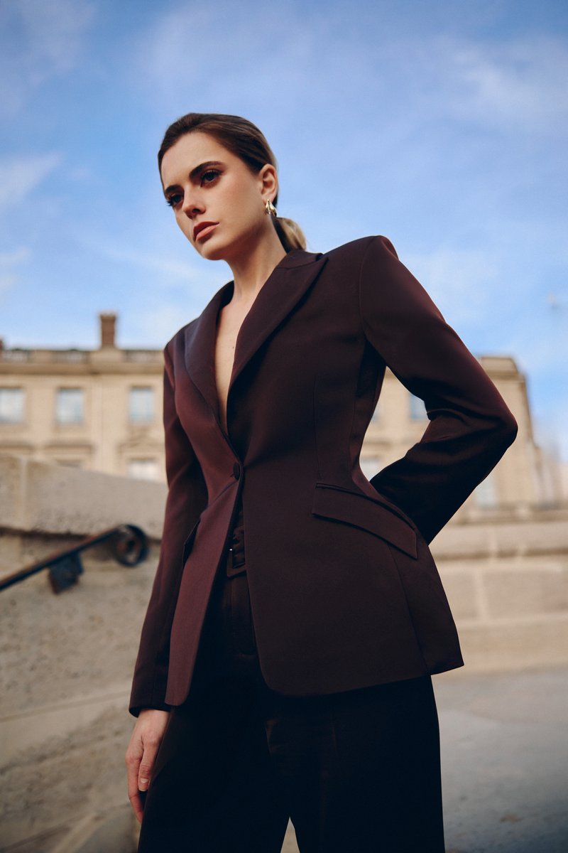 Chocolate-colored satin jacket with accent waist image 1