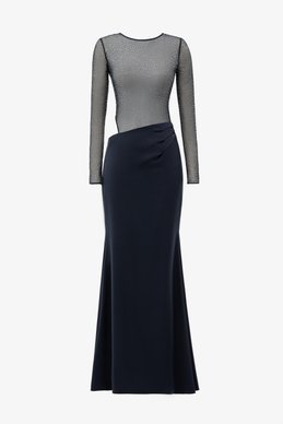 Темно-синее платье макси асимметричного кроя со стразами