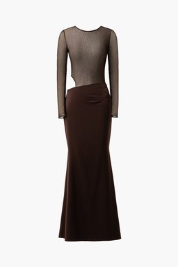 Коричневое платье макси асимметричного кроя со стразами