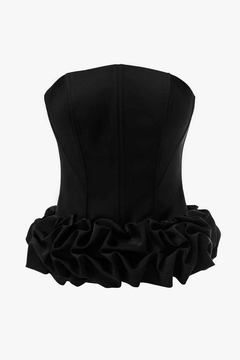

Чорний сатиновий корсет із рюшами