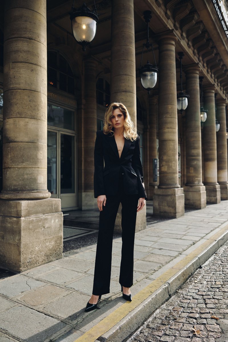 Black satin straight-leg pants with belt image 1