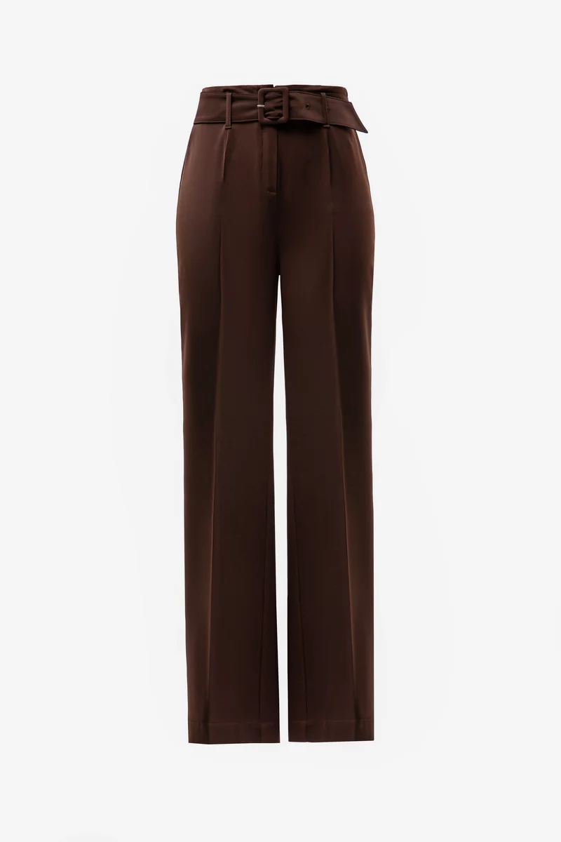 Коричневые сатиновые брюки прямого кроя с поясом фотография 5
