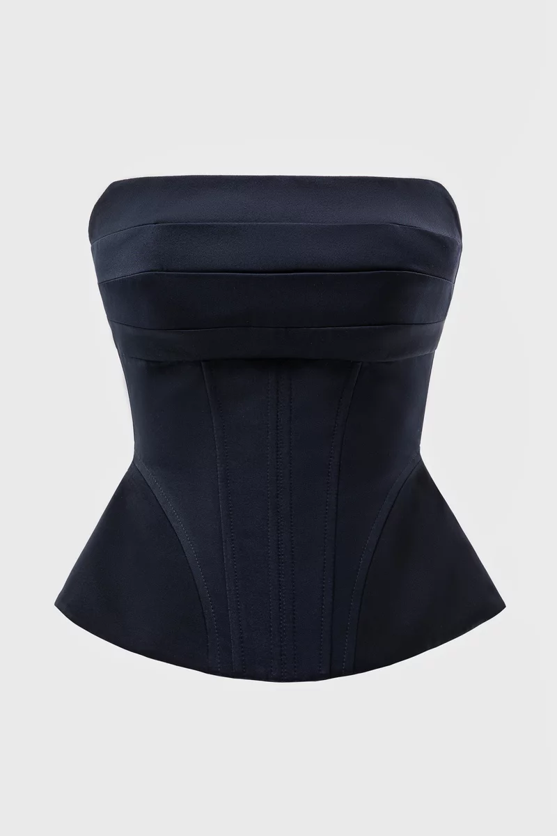 Сатиновый корсет с баской в темно-синем оттенке фотография 5