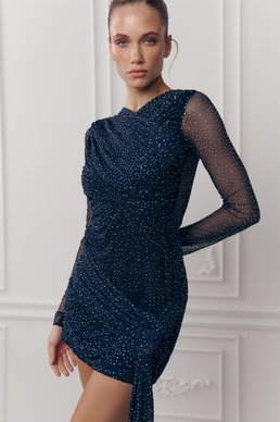 Платье мини со стразами в темно-синем оттенке