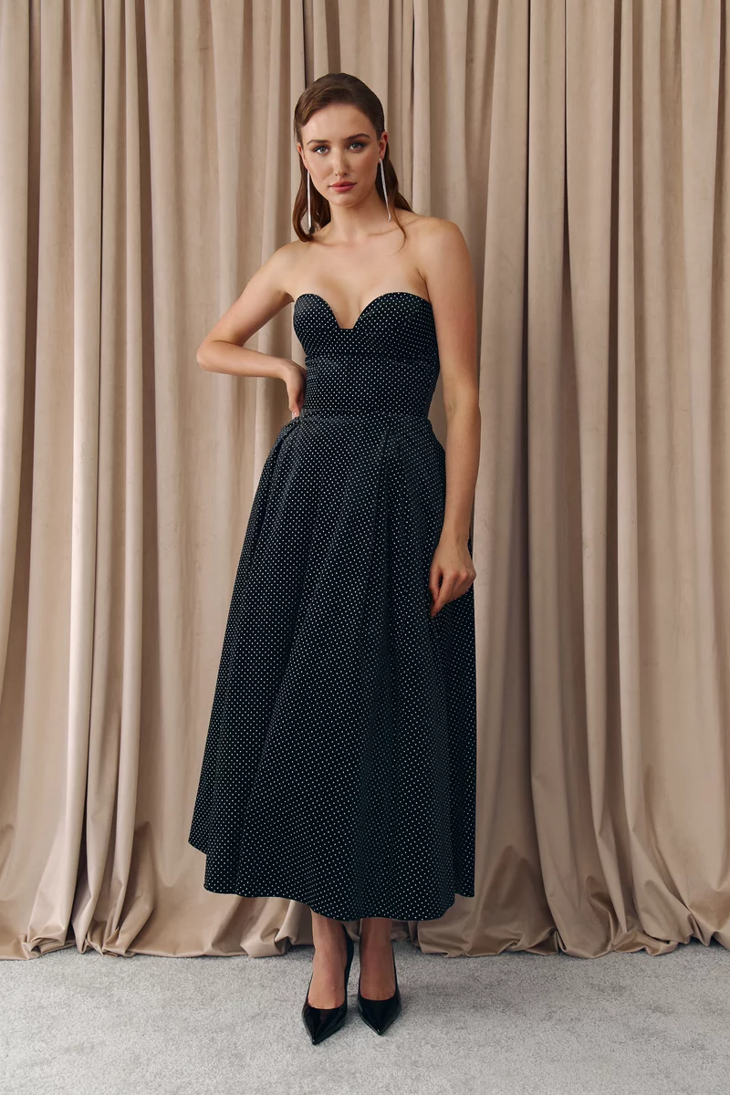 Black velour maxi dress with shimmering decor photo 2