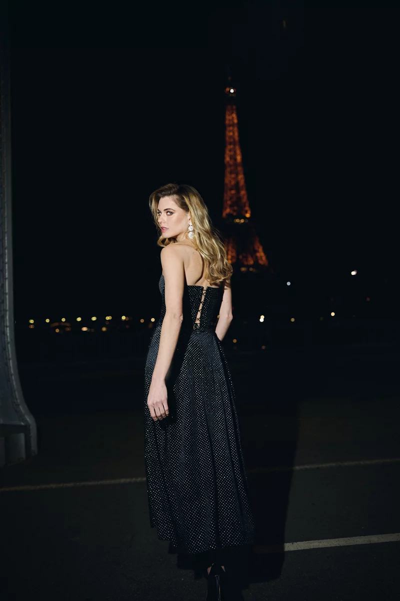 Black velour maxi dress with shimmering decor photo 5