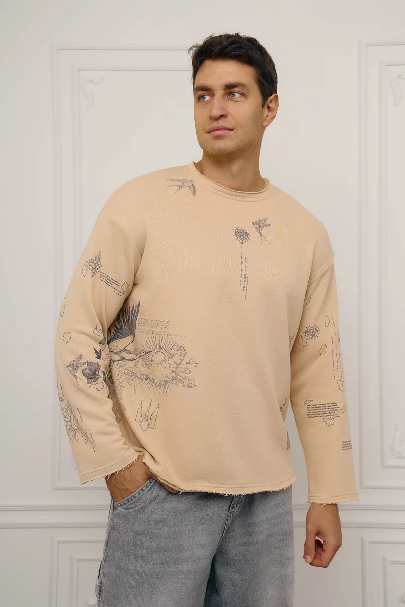 Бежевый мужской лонгслив с принтом Душа Бежевый мужской лонгслив с принтом Душа фотография 1